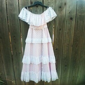 Alfred Angelo Inc Maxi Dress Sz 8 Pink Lace Layered Shoulder Off Vintage 70's